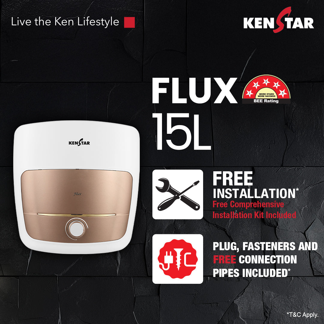 Kenstar Flux 15-Litre Storage Water Heater with Swirl Heat Technology, 5-Star Energy Rating & Blue Sapphire Glassline Tank