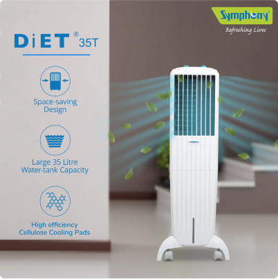 SYMPHONY DIET 35T Personal Tower Air Cooler | Slim & Tall Design | 35-Litre Tank Capacity | 165W Power Consumption | Suitable for Rooms up to 15 m² | Auto Louver Movement | Powerful Blower | Cellulose Cooling Media | Cool Flow Dispenser