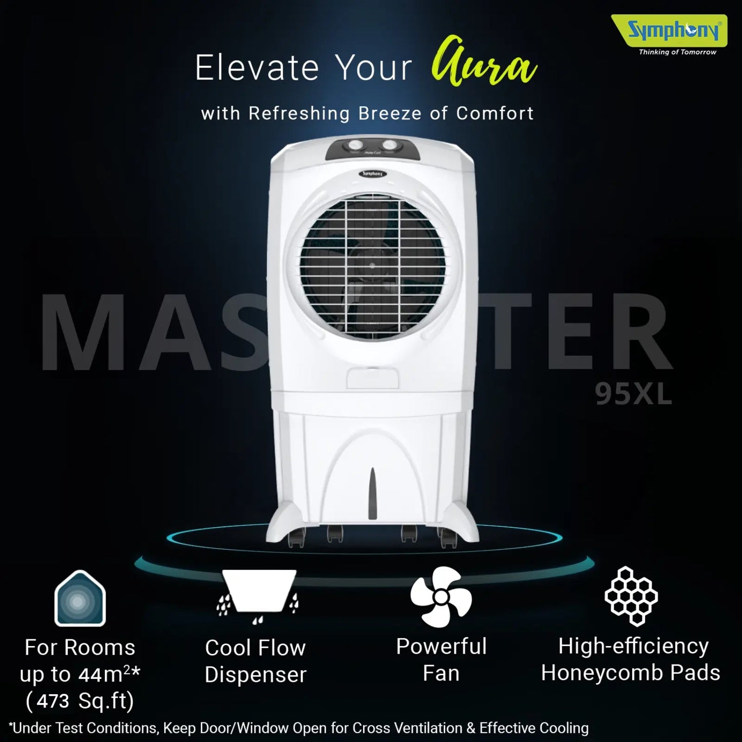 Symphony Mastercool 95 XL 90-Litre Desert Air Cooler (White/Grey, Honeycomb Pads, Powerful Fan, 4-Way Auto Louver, High Air Throw)