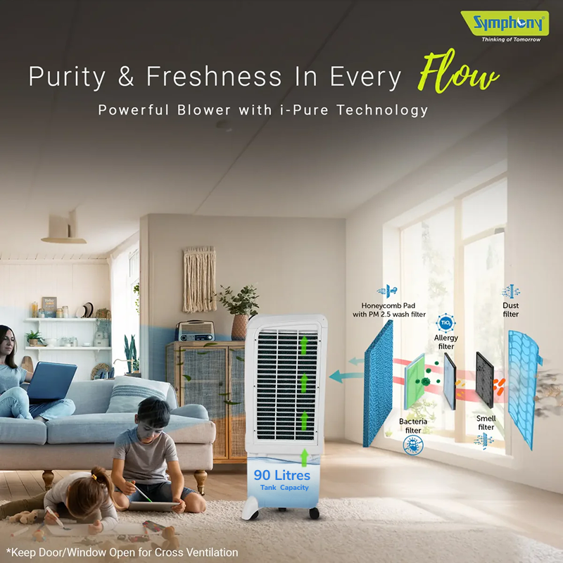 Symphony Mastercool 95 XL 90-Litre Desert Air Cooler (White/Grey, Honeycomb Pads, Powerful Fan, 4-Way Auto Louver, High Air Throw)