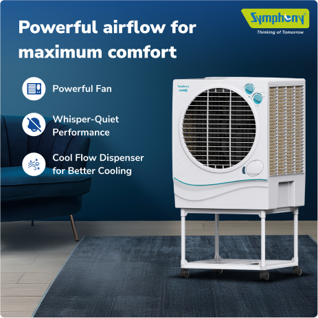 Symphony Jumbo 51 Desert Air Cooler - 50L, Aspen Cooling Pads, Powerful Fan with Whisper-Quiet Performance, 185W Low Power Consumption, Free Trolley Included, Ideal for Rooms up to 35 sq. m (376 sq. ft)