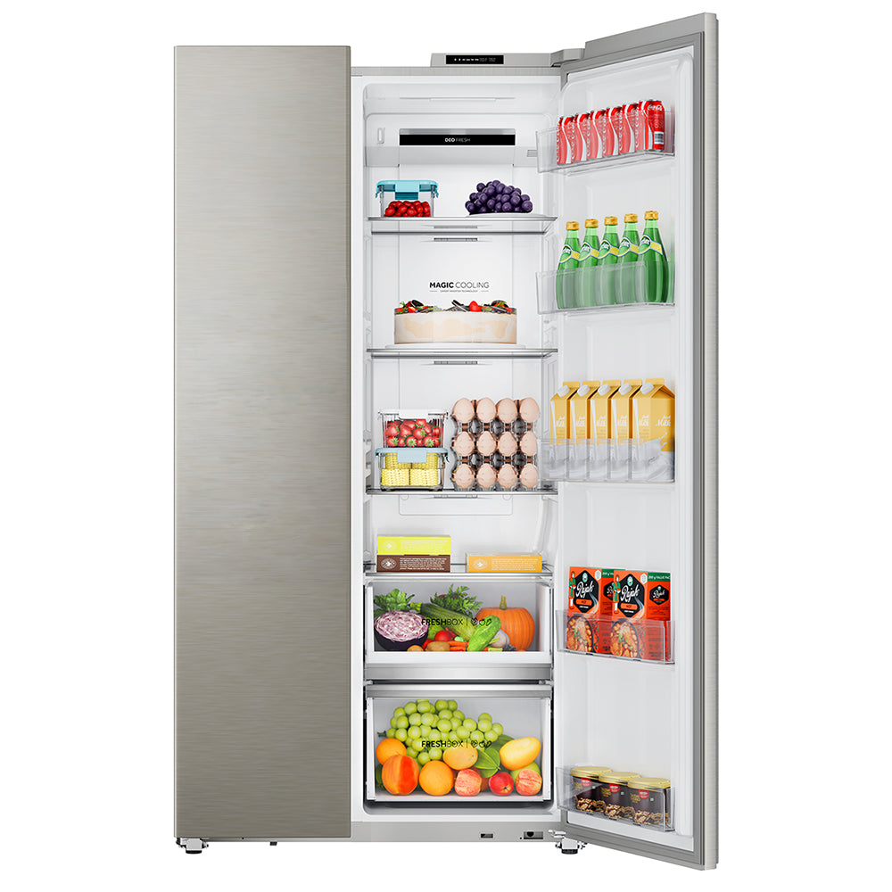 Haier 540 Litre Side By Side Refrigerator | 3 Star | Frost Free Cooling Technology with Inverter Compressor | Fusion Steel Door Finish with Recess Handle | Toughened Glass Shelves for Durability | Twist Ice Maker | Eco-Friendly R600a Refrigerant-HRS-615FS