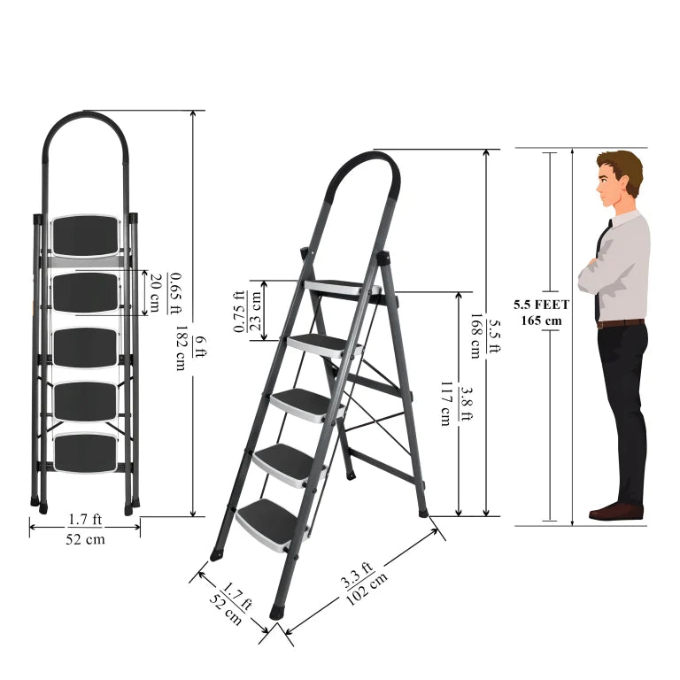 Allfold Hunter 5-Step Mild Steel Folding Ladder - Durable, Portable & 150kg Load Capacity for Home, Kitchen, and Office use