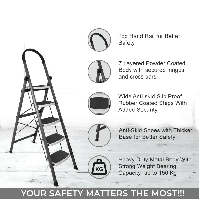 Allfold Hunter 5-Step Mild Steel Folding Ladder - Durable, Portable & 150kg Load Capacity for Home, Kitchen, and Office use