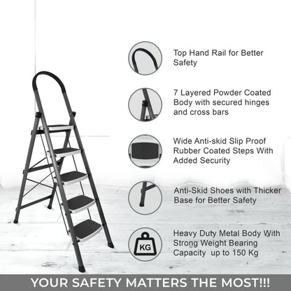 Allfold Hunter 5-Step Mild Steel Folding Ladder - Durable, Portable & 150kg Load Capacity for Home, Kitchen, and Office use