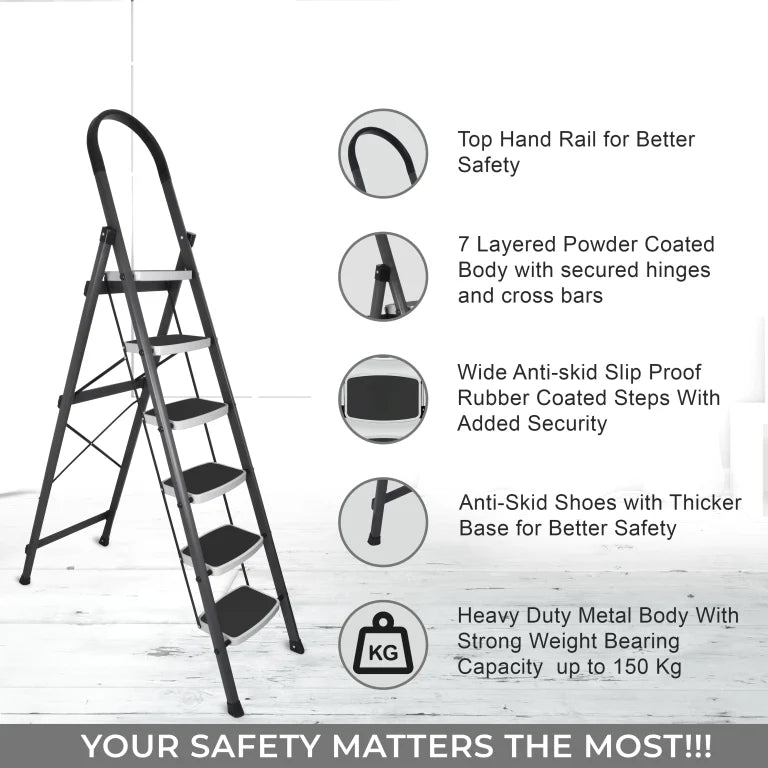 Allfold Hunter 6-Step Mild Steel Folding Ladder - Durable, Portable & 150kg Load Capacity for Home, Kitchen, and Office use