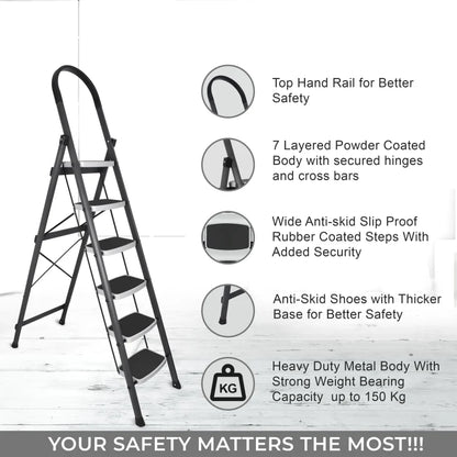 Allfold Hunter 6-Step Mild Steel Folding Ladder - Durable, Portable & 150kg Load Capacity for Home, Kitchen, and Office use