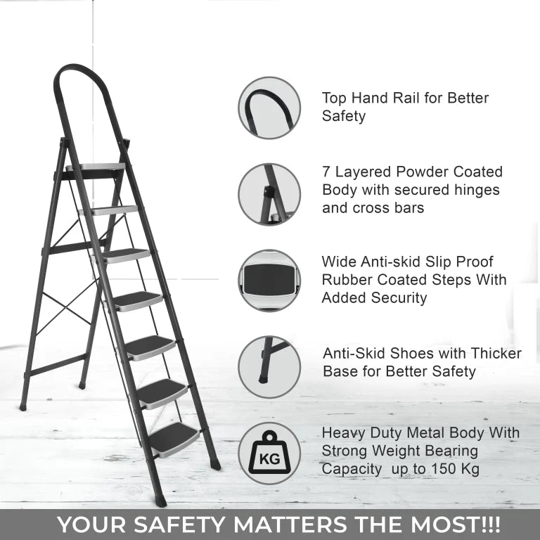 Allfold Hunter 7-Step Mild Steel Folding Ladder - Durable, Portable & 150kg Load Capacity for Home, Kitchen, and Office use