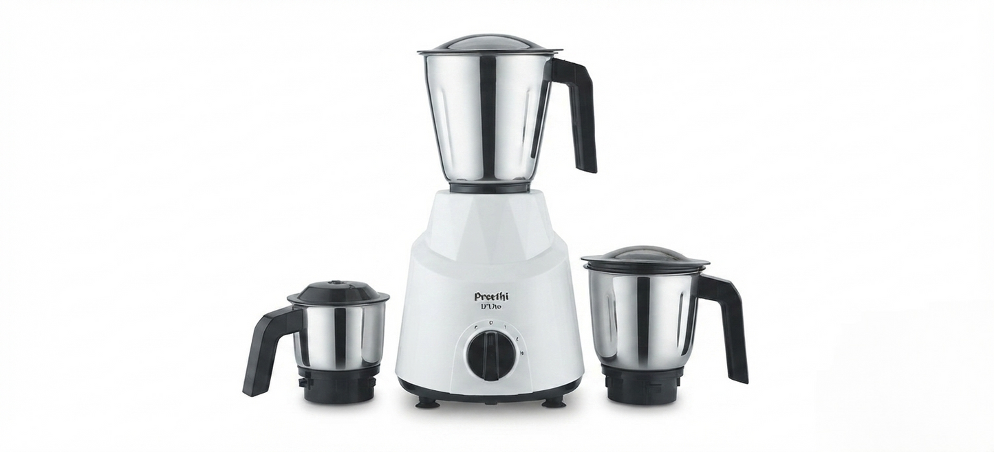 Preethi D'Lite Heavy Duty Mixer Grinder , 750W Powerful Motor, 3 Stainless Steel Jars (1.25L, 0.75L, 0.4L) with 50% Faster Grinding- Model MG285