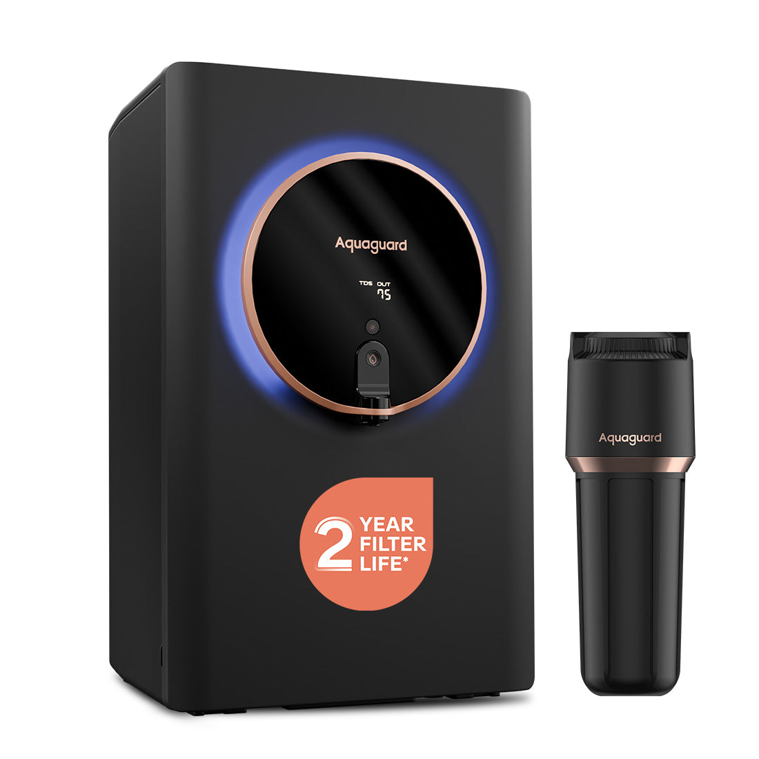 Aquaguard Aspire Halo 2X RO+UV+CU+Alkaline Water Purifier | Stainless Steel Tank | NanoPore Long-Life Filter | 2 Year Filter Life | Water Quality Indicator | Mega Sediment Filter