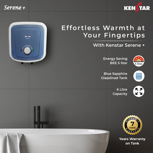 Kenstar Serene Plus 6L: IPX4 8-Bar High-Rise Ready Water Heater with Blue Sapphire Glassline Tank & Shockproof Plastic Body-KEN3776155
