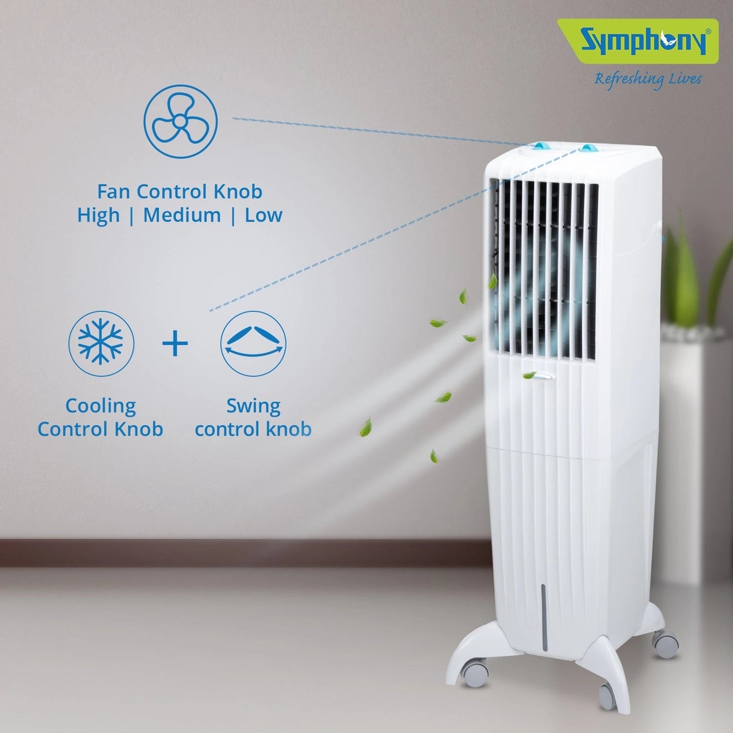 SYMPHONY DIET 35T Personal Tower Air Cooler | Slim & Tall Design | 35-Litre Tank Capacity | 165W Power Consumption | Suitable for Rooms up to 15 m² | Auto Louver Movement | Powerful Blower | Cellulose Cooling Media | Cool Flow Dispenser