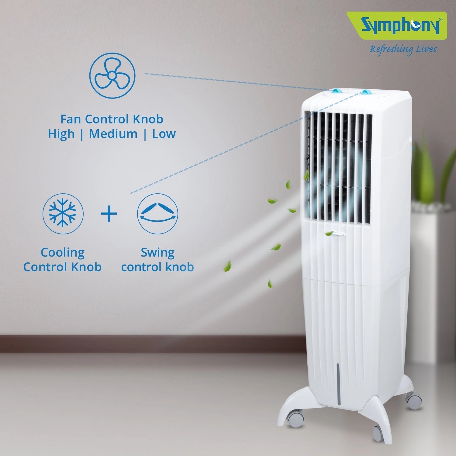 SYMPHONY DIET 35T Personal Tower Air Cooler | Slim & Tall Design | 35-Litre Tank Capacity | 165W Power Consumption | Suitable for Rooms up to 15 m² | Auto Louver Movement | Powerful Blower | Cellulose Cooling Media | Cool Flow Dispenser