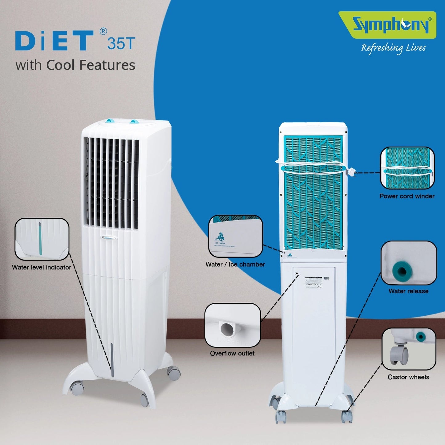 SYMPHONY DIET 35T Personal Tower Air Cooler | Slim & Tall Design | 35-Litre Tank Capacity | 165W Power Consumption | Suitable for Rooms up to 15 m² | Auto Louver Movement | Powerful Blower | Cellulose Cooling Media | Cool Flow Dispenser