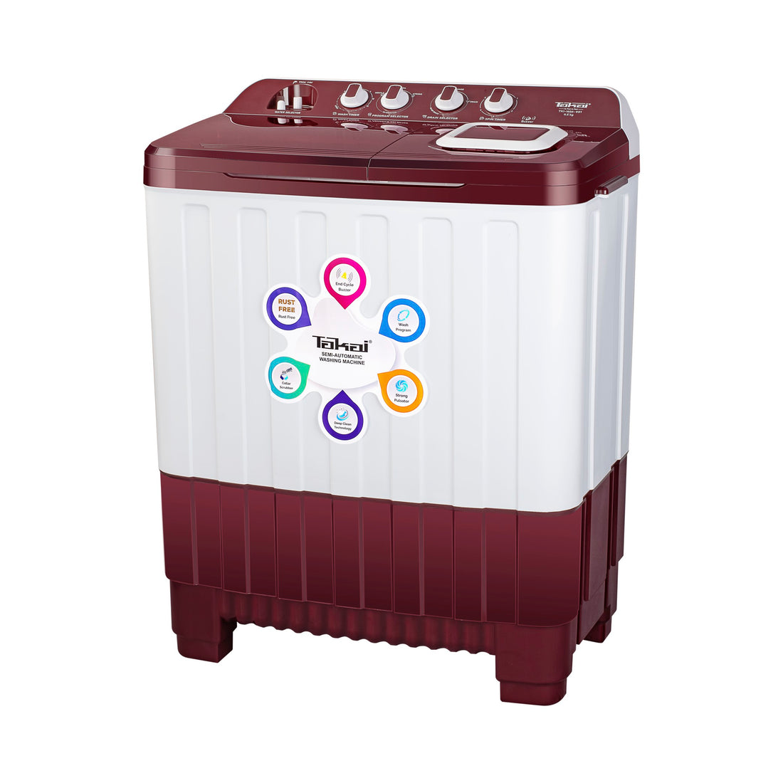 Takai 9.5 Kg Semi-Automatic Washing Machine | Full Fibre Top, Magic Filter, Collar Scrubber | Powerful 135W Motor, Single Inlet-TKI-WM-951