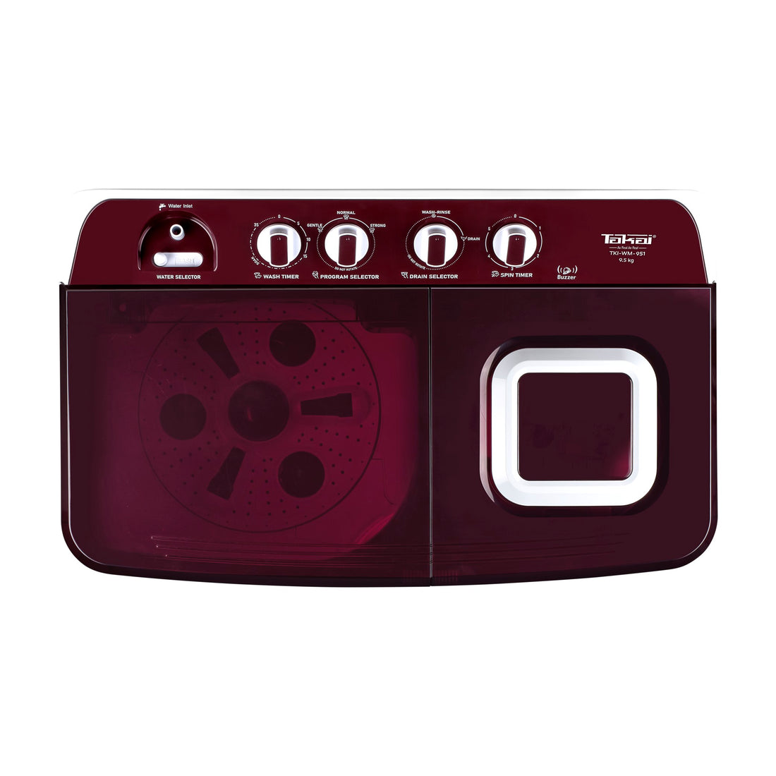 Takai 9.5 Kg Semi-Automatic Washing Machine | Full Fibre Top, Magic Filter, Collar Scrubber | Powerful 135W Motor, Single Inlet-TKI-WM-951