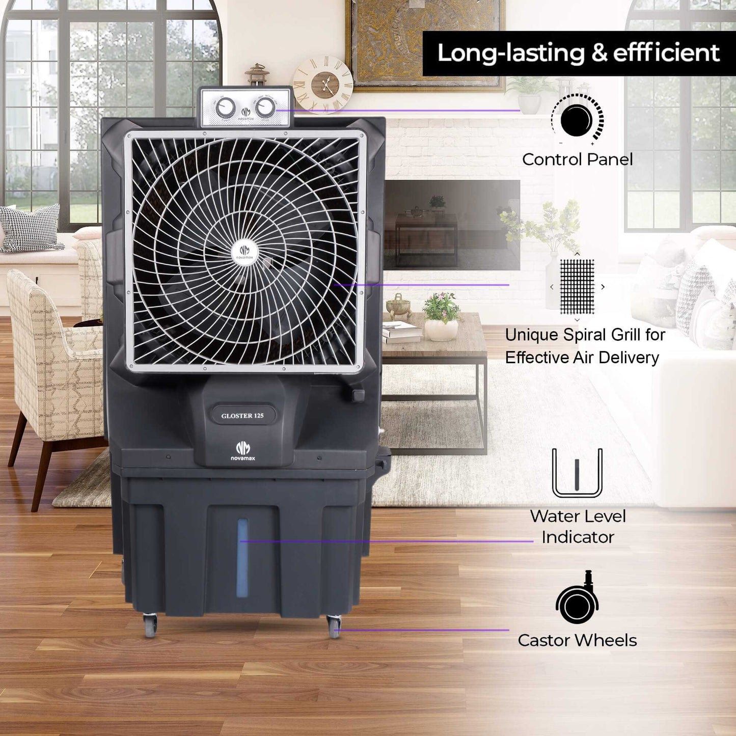 Novamax Gloster 125L Desert Air Cooler | High-Efficiency Honeycomb Cooling & 4-Way Air Deflection | 6000 CFM Powerful Air Delivery, 125ft Air Throw | 1500 sq. ft. Coverage | Inverter Compatible | Grey (Large)