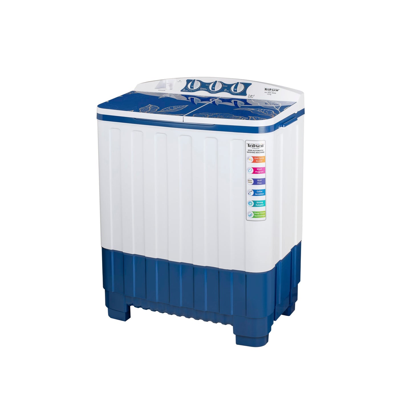 TAKAI 7.5 Kg Semi-Automatic Washing Machine with Half Glass Top, Magic Filter, Collar Scrubber, Air Dry, and No-Vibration Technology-TKI-WM-760G