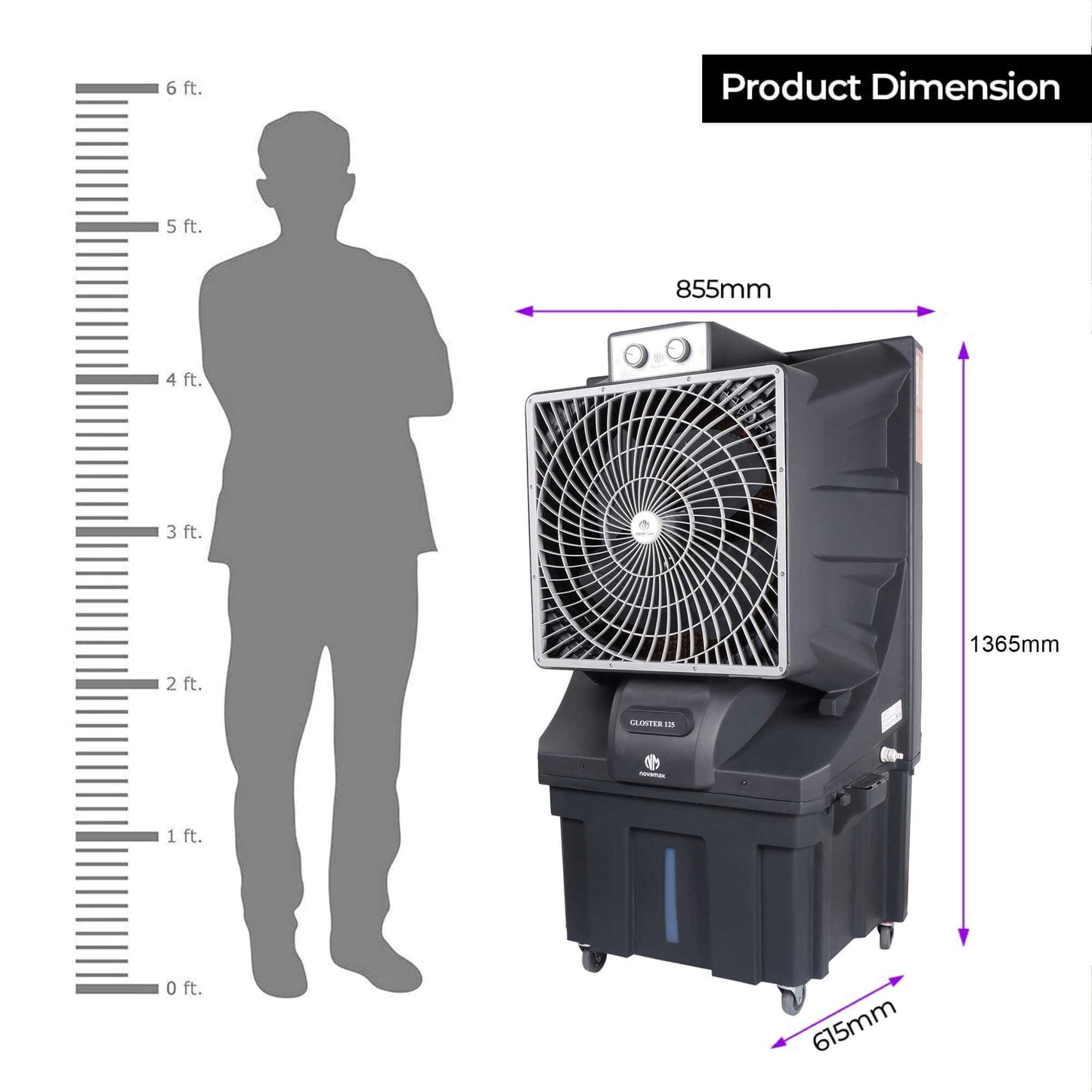 Novamax Gloster 125L Desert Air Cooler | High-Efficiency Honeycomb Cooling & 4-Way Air Deflection | 6000 CFM Powerful Air Delivery, 125ft Air Throw | 1500 sq. ft. Coverage | Inverter Compatible | Grey (Large)