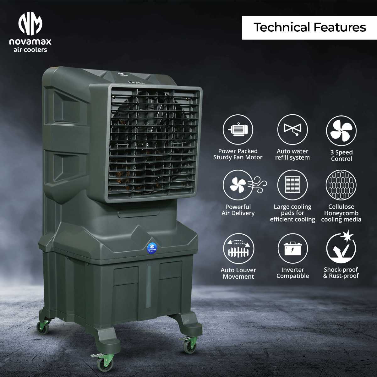 Novamax Proto 75L Desert Air Cooler with Honeycomb Cooling, 5000 CFM Powerful Air Delivery, 90ft Air Throw, High-Speed Fan, Auto Water Refill, Inverter Compatible & Shockproof Body (Grey)