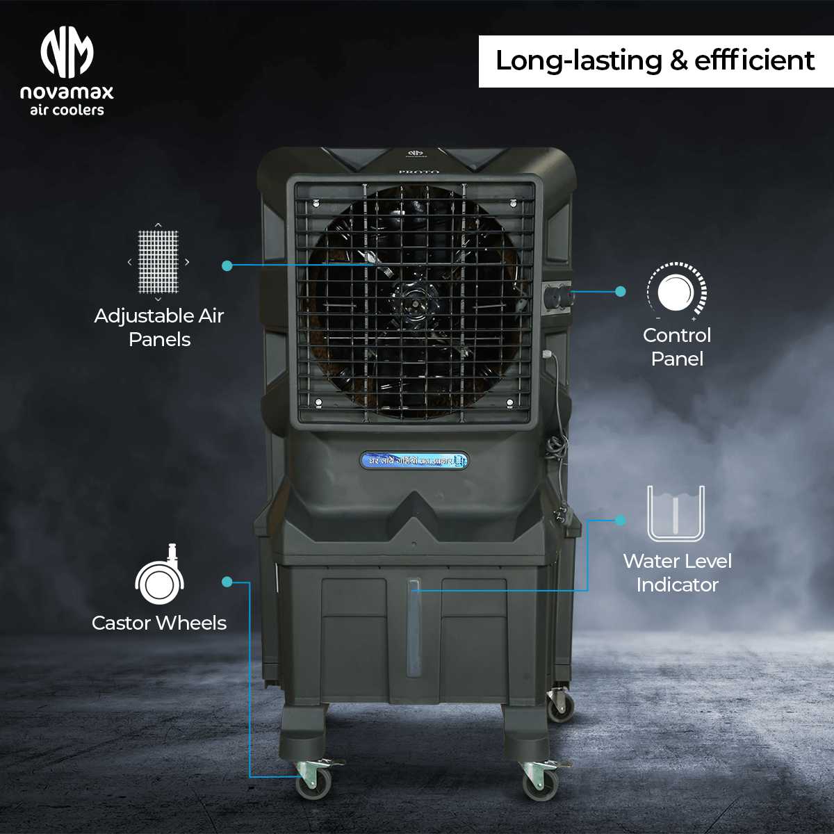 Novamax Proto 75L Desert Air Cooler with Honeycomb Cooling, 5000 CFM Powerful Air Delivery, 90ft Air Throw, High-Speed Fan, Auto Water Refill, Inverter Compatible & Shockproof Body (Grey)