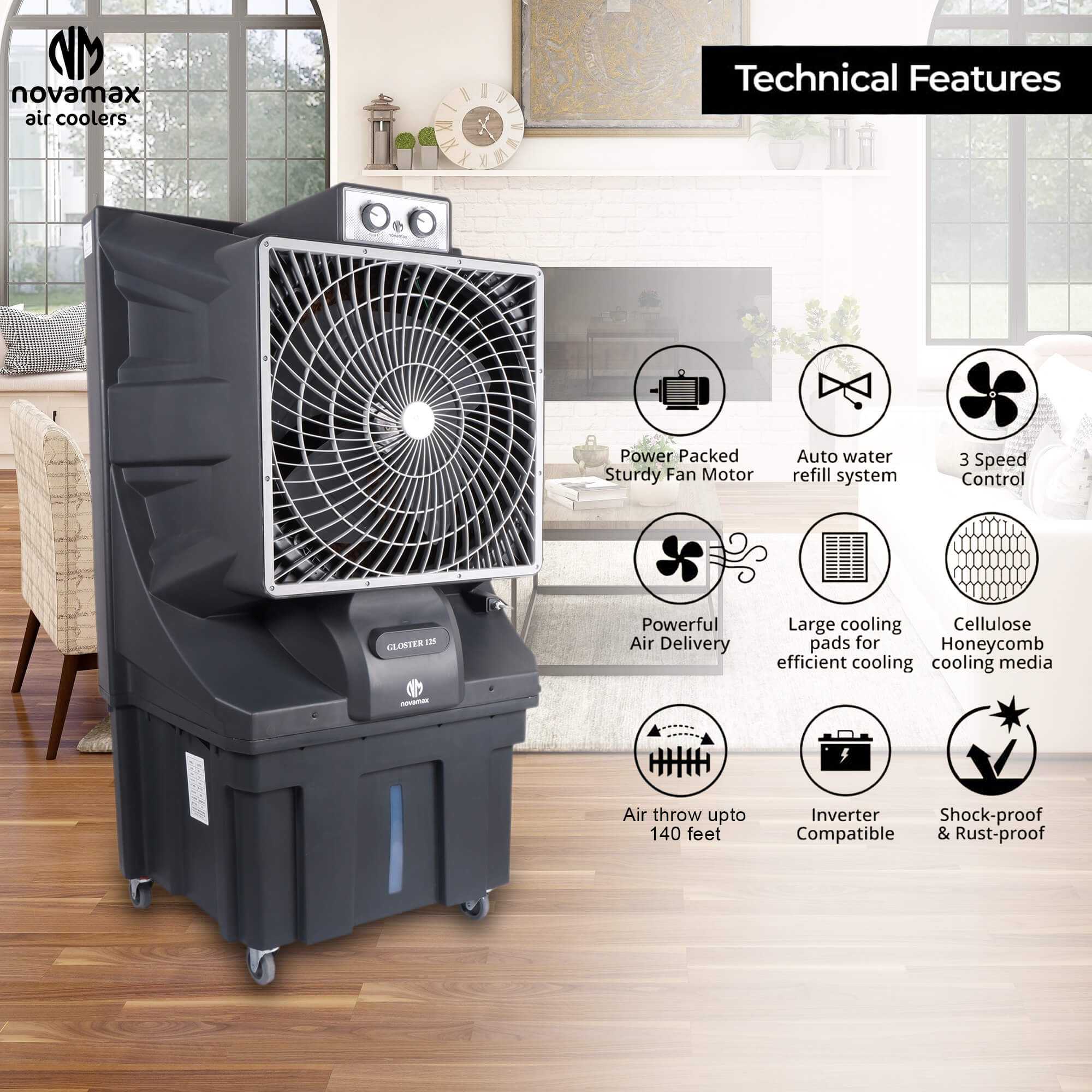 Novamax Gloster 125L Desert Air Cooler | High-Efficiency Honeycomb Cooling & 4-Way Air Deflection | 6000 CFM Powerful Air Delivery, 125ft Air Throw | 1500 sq. ft. Coverage | Inverter Compatible | Grey (Large)