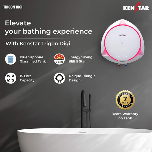 Kenstar TRIGON DIGI 15L: 8-Bar High-Rise Ready Water Heater with Blue Sapphire Glassline Tank & Anode Rod-KEN3774267