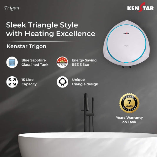 Kenstar TRIGON 15L: IPX4 8-Bar High-Rise Ready Water Heater with Blue Sapphire Glassline Tank & Anode Rod-KEN3774243