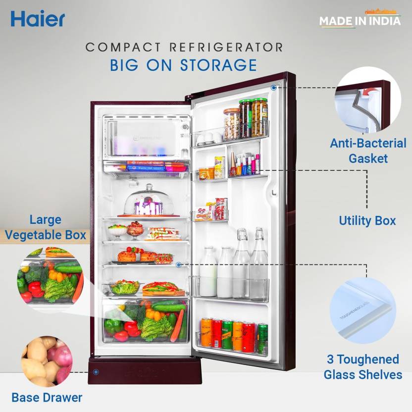 Haier 190L 3 Star Direct Cool Refrigerator with Toughened Glass Shelves, Storage Base Stand, Red Hilton (HRD-2103PRHA-P)