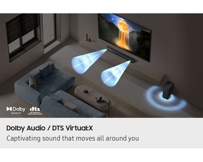 Samsung 3.1ch Soundbar with Wireless Subwoofer, Built-in Center Speaker, DolbyDigital/DTS Virtual:X, and Adaptive Sound for Cinematic Audio Experience- HW-B650F