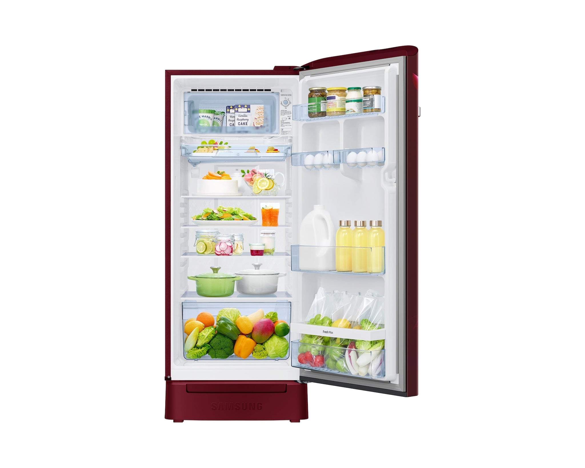 Samsung 215L 5-Star Direct Cool Single Door Refrigerator – Digital Inverter Compressor, Base Stand Drawer, Toughened Glass Shelves, Fresh Room, LED Light, Big Guards, Lock & Key-(RR23H2H35RZ/HL, Midnight Blossom Red)