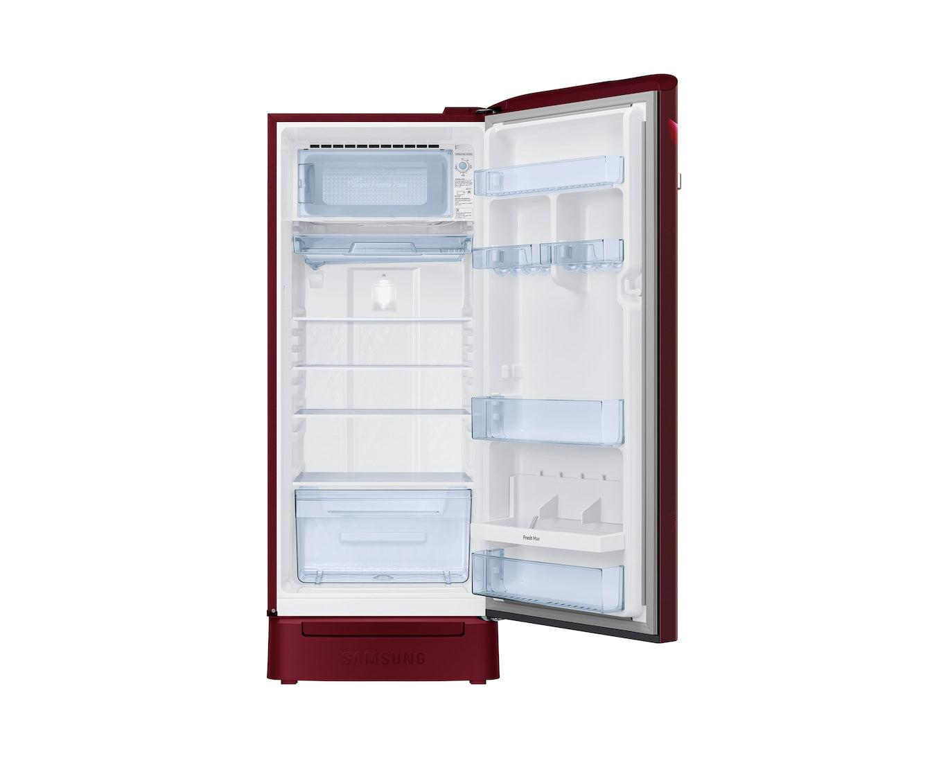 Samsung 215L 5-Star Direct Cool Single Door Refrigerator – Digital Inverter Compressor, Base Stand Drawer, Toughened Glass Shelves, Fresh Room, LED Light, Big Guards, Lock & Key-(RR23H2H35RZ/HL, Midnight Blossom Red)