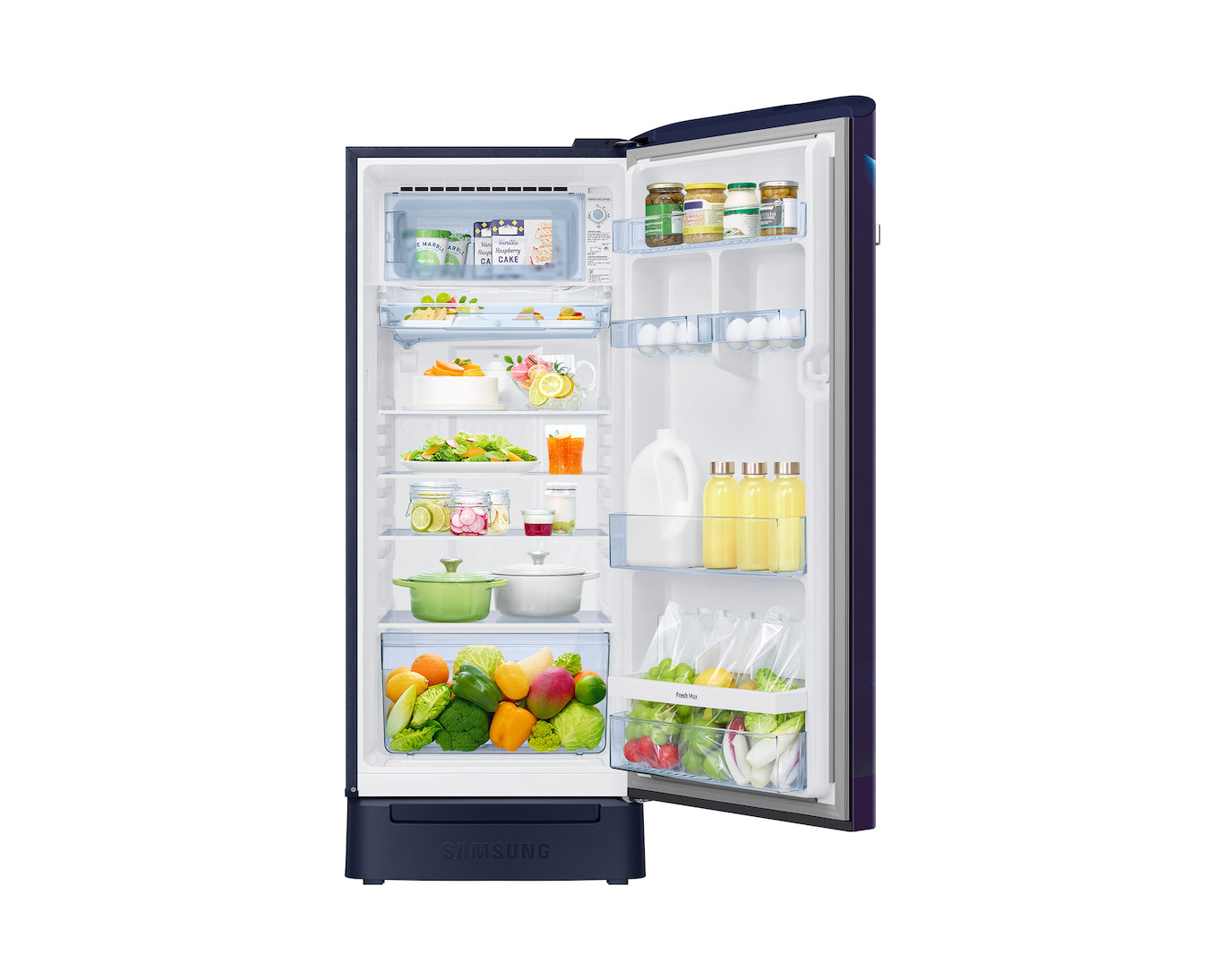 Samsung 215L 5-Star Direct Cool Single Door Refrigerator – Digital Inverter Compressor, Base Stand Drawer, Toughened Glass Shelves, Fresh Room, LED Light, Big Guards, Lock & Key-(RR23H2H35UZ/HL, Midnight Blossom Blue)