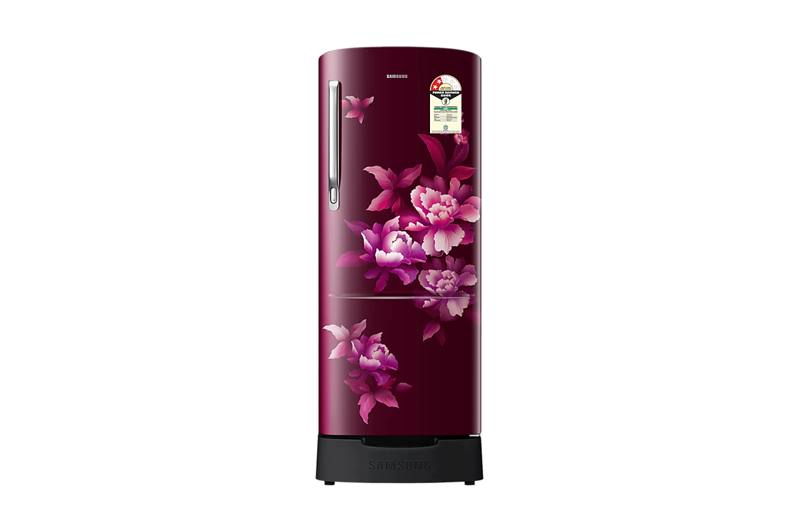 Samsung 183 L 2 Star Direct Cool Single Door Refrigerator with Stylish Grandé Design | Digital Inverter Compressor | Base Stand Drawer | Toughened Glass Shelves | Stabilizer Free Operation. (Model: RR20H1812HN/HL, Himalayan Poppy Red)