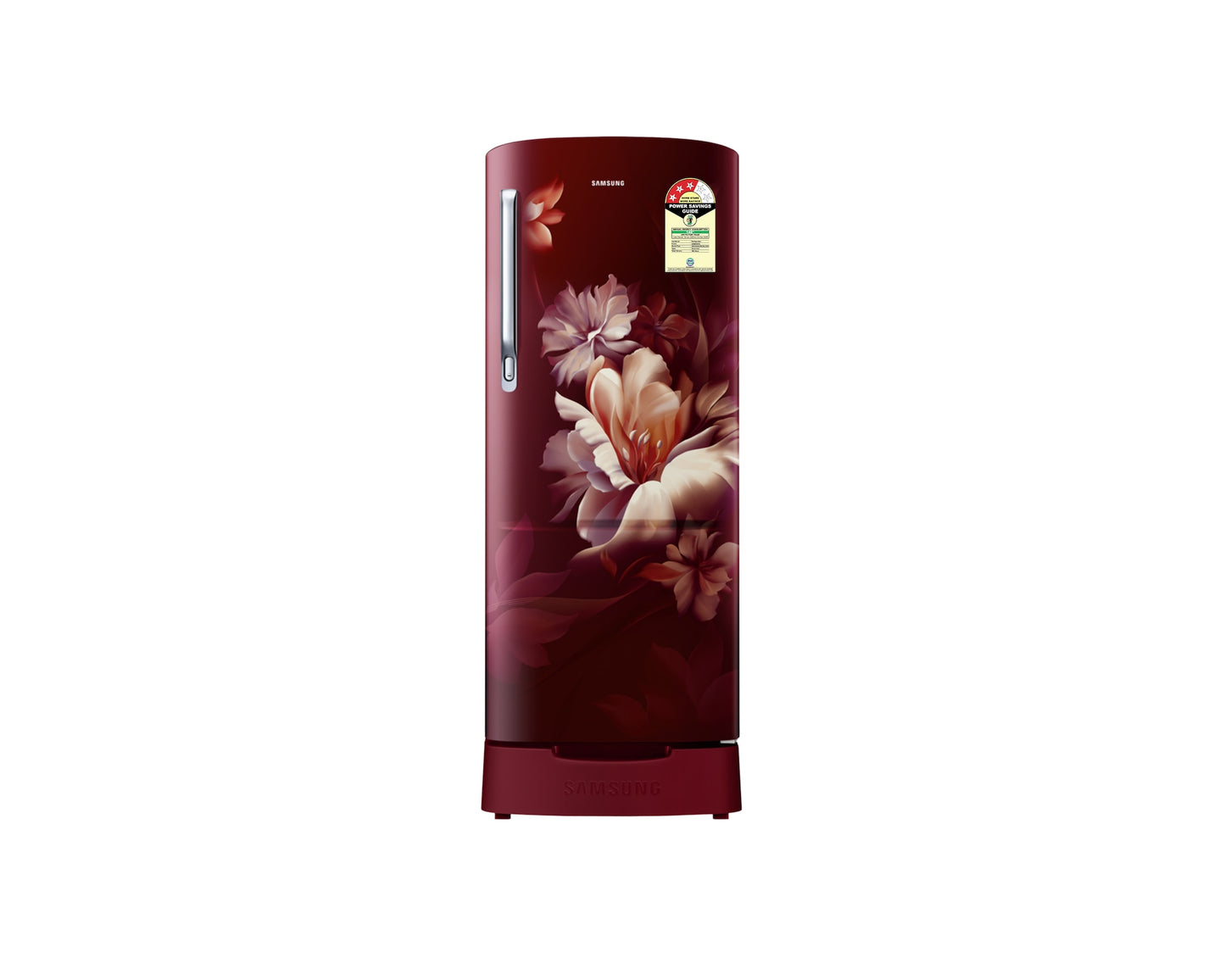 Samsung 183L 3-Star Direct Cool Single Door Refrigerator | Digital Inverter Compressor | Base Stand Drawer | Toughened Glass Shelves | LED Light | Large Vegetable Box | Elegant Bar Handle Design-(RR20H2823RZ/NL, Midnight Blossom Red)