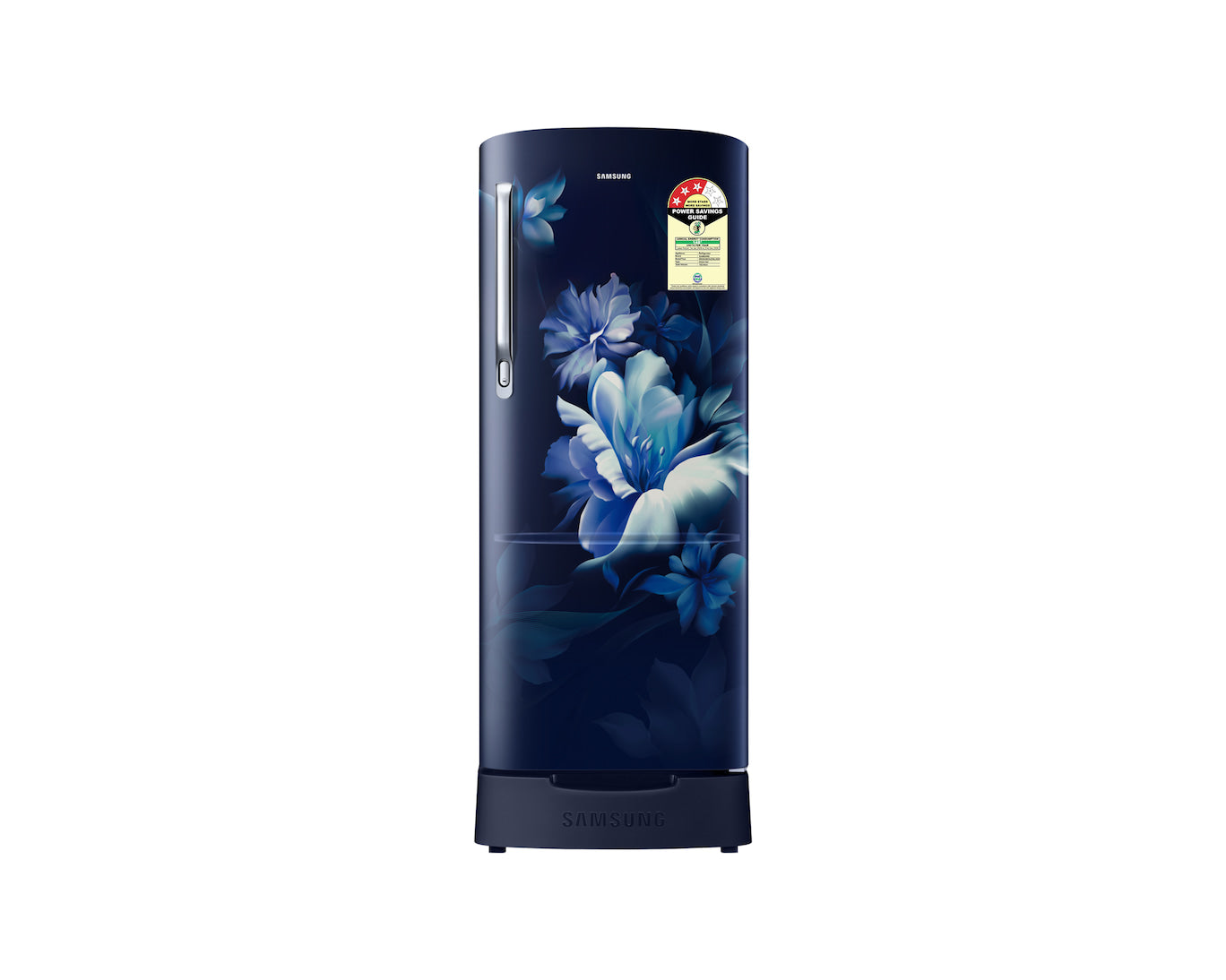Samsung 183L 3-Star Direct Cool Single Door Refrigerator | Digital Inverter Compressor | Base Stand Drawer | Toughened Glass Shelves | LED Light | Large Vegetable Box | Elegant Bar Handle Design-(RR20H2823UZ/NL, Midnight Blossom Blue)