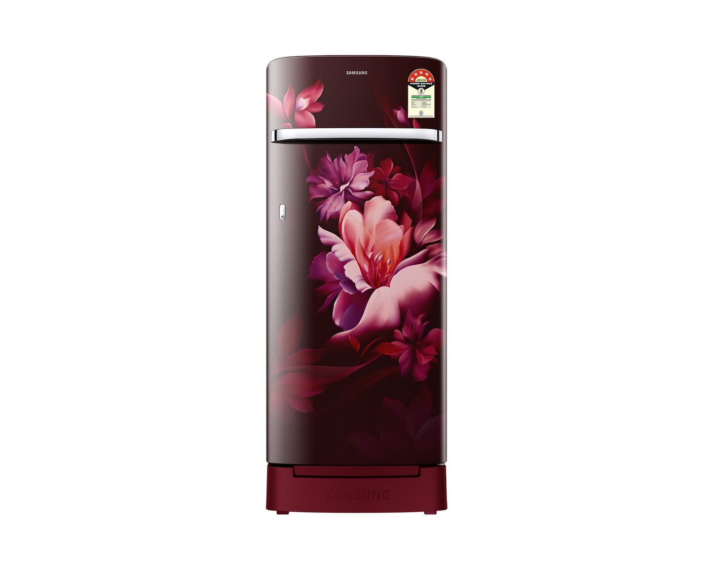 Samsung 215L 5-Star Direct Cool Single Door Refrigerator – Digital Inverter Compressor, Base Stand Drawer, Toughened Glass Shelves, Fresh Room, LED Light, Big Guards, Lock & Key-(RR23H2H35RZ/HL, Midnight Blossom Red)
