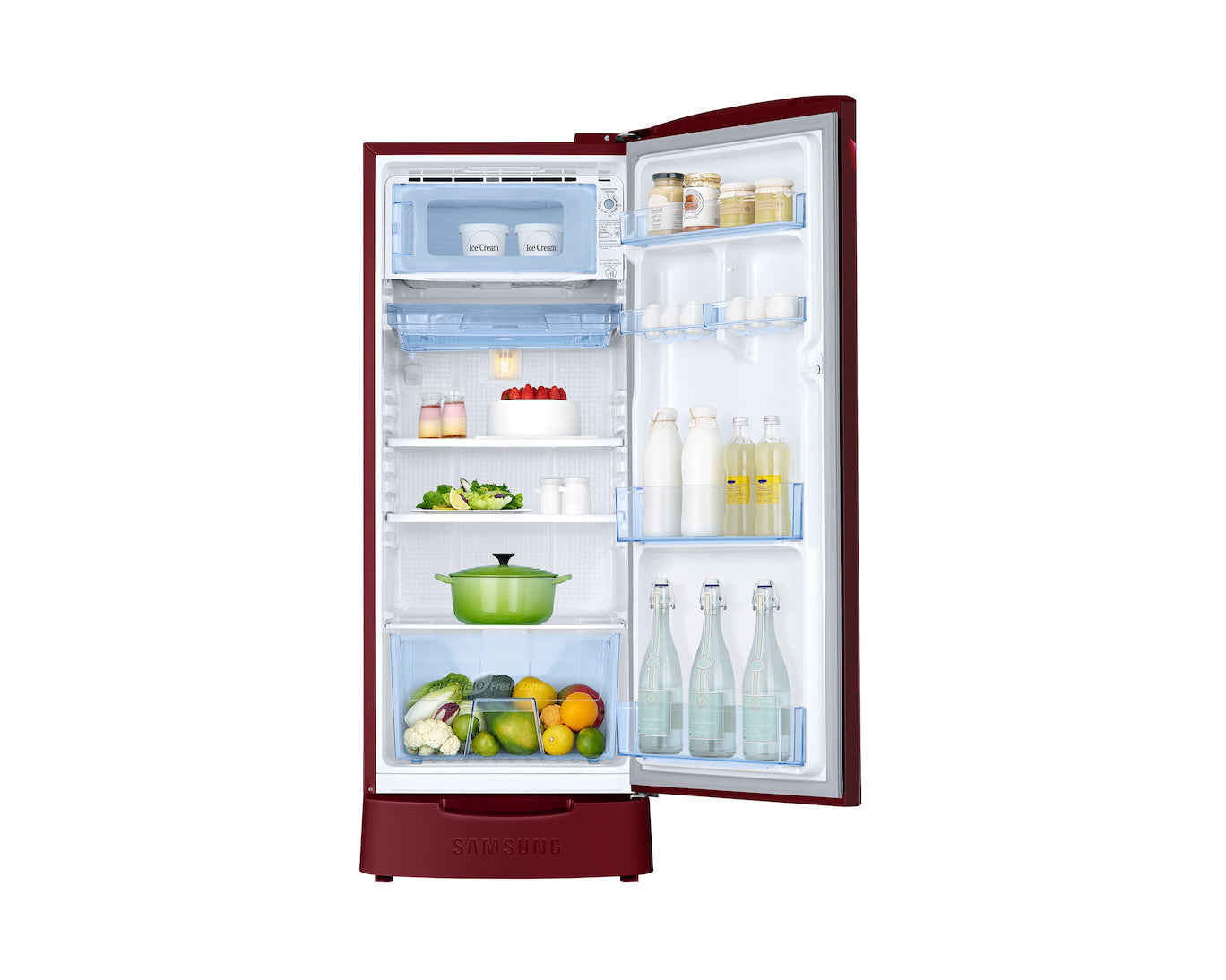 Samsung 183L 3-Star Direct Cool Single Door Refrigerator | Digital Inverter Compressor | Base Stand Drawer | Toughened Glass Shelves | LED Light | Large Vegetable Box | Elegant Bar Handle Design-(RR20H2823RZ/NL, Midnight Blossom Red)
