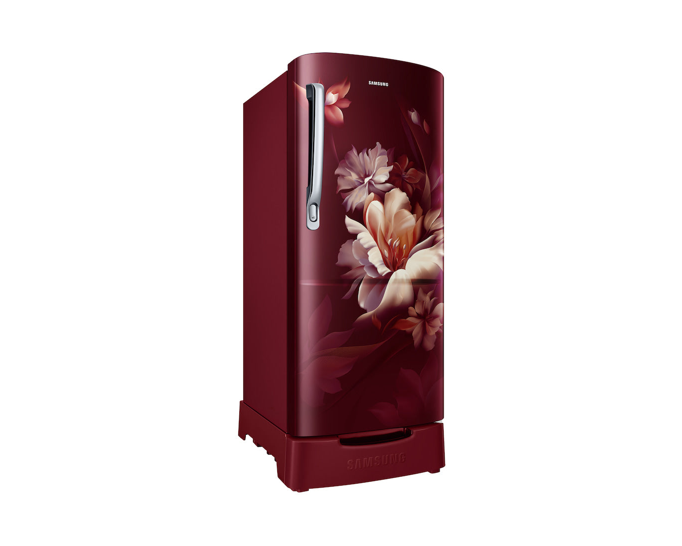 Samsung 183L 3-Star Direct Cool Single Door Refrigerator | Digital Inverter Compressor | Base Stand Drawer | Toughened Glass Shelves | LED Light | Large Vegetable Box | Elegant Bar Handle Design-(RR20H2823RZ/NL, Midnight Blossom Red)