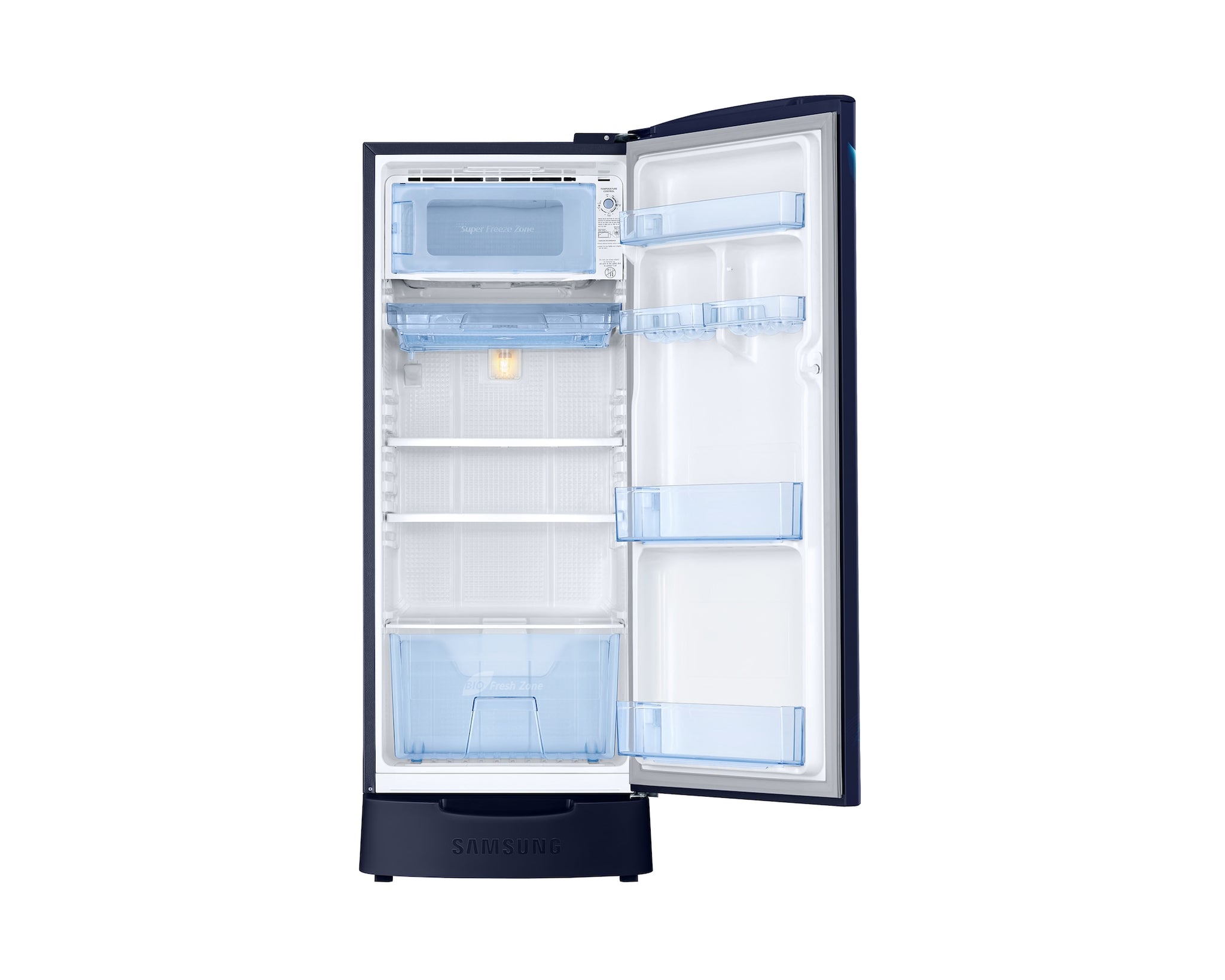 Samsung 189L 5-Star Direct Cool Single Door Refrigerator | Digital Inverter Compressor | Base Stand Drawer | Toughened Glass Shelves | New H-Bar Handle | LED Lighting | Stabilizer Free Operation | Lock & Key-(RR21H2H25BB/HL, Begonia Blue)