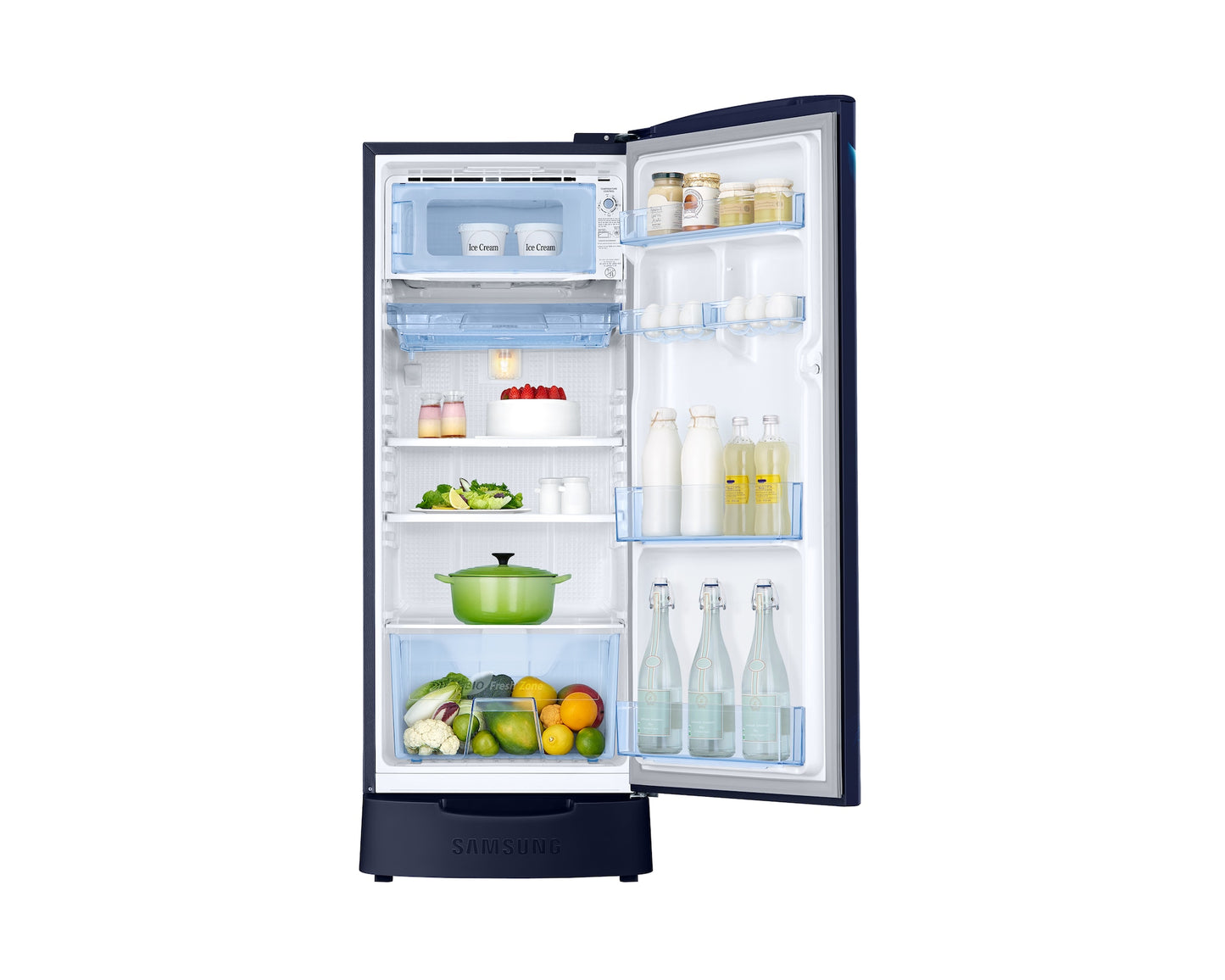 Samsung 183L 3-Star Direct Cool Single Door Refrigerator | Digital Inverter Compressor | Base Stand Drawer | Toughened Glass Shelves | LED Light | Large Vegetable Box | Elegant Bar Handle Design-(RR20H2823UZ/NL, Midnight Blossom Blue)