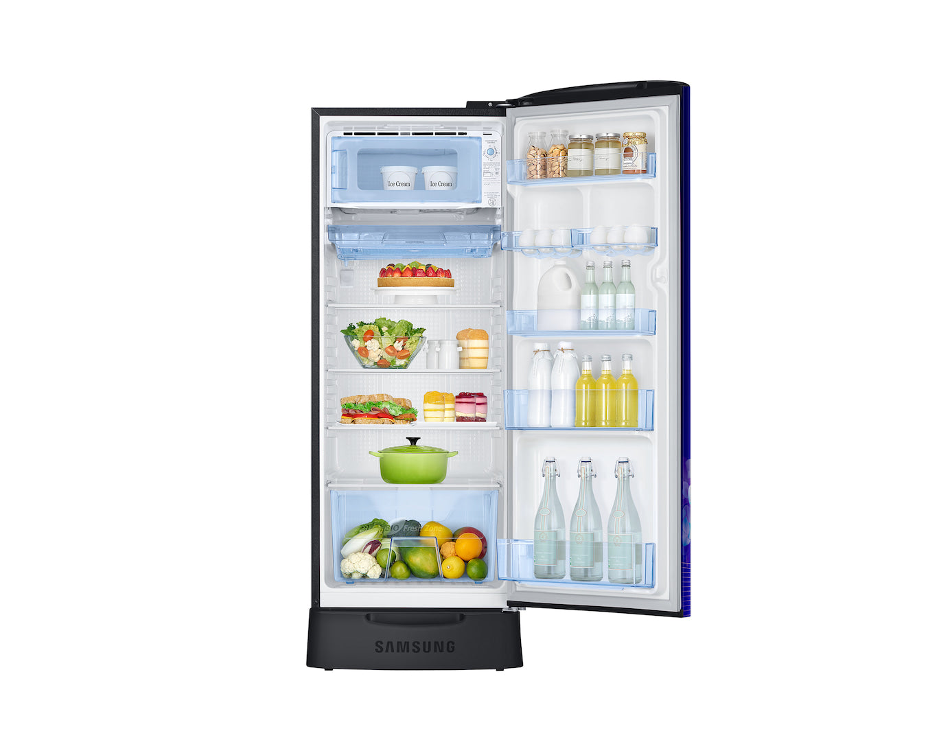 Samsung 223L 3-Star Direct Cool Single Door Refrigerator  – Digital Inverter Compressor, Base Stand Drawer, Glass Shelves, Fresh Room, LED Light, Big Guards, Lock & Key-(RR24H2823HS/NL, Hydrangea Blue)