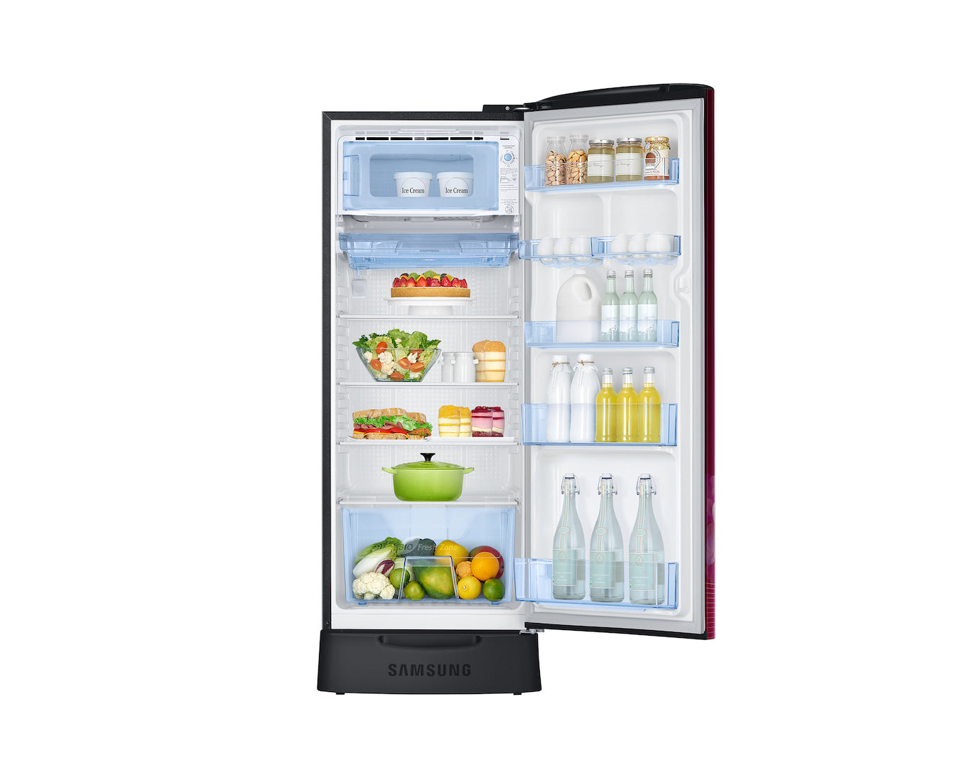 Samsung 223L 3-Star Direct Cool Single Door Refrigerator – Digital Inverter Compressor, Base Stand Drawer, Glass Shelves, Fresh Room, LED Light, Big Guards, Lock & Key-(RR24H2823HT/NL,Red)