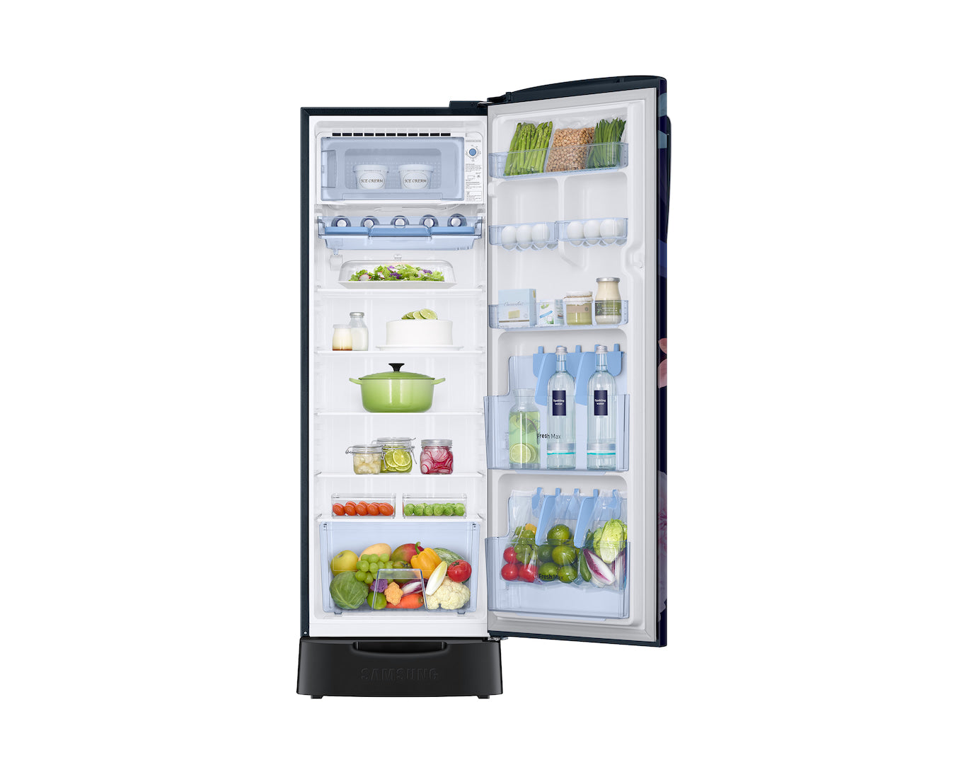 Samsung 246L 2-Star Direct Cool Single Door Refrigerator – Digital Inverter Compressor, Base Stand Drawer, Glass Shelves, Fresh Room, LED Light, Big Guards, Lock & Key-(RR26H3832BB/HL, Begonia Blue)