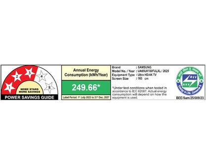 Samsung |165.1 cm 65" 4K UHD LED Smart TV | Crystal Processor 4K | HDR & HDR10+ | Motion Xcelerator | OTS Lite & Q-Symphony Audio | Gaming Features (ALLM, VRR, HGiG) |Tizen OS |Bixby |Bluetooth 5.2 |3 HDMI & 1 USB-UA65U8100FULXL