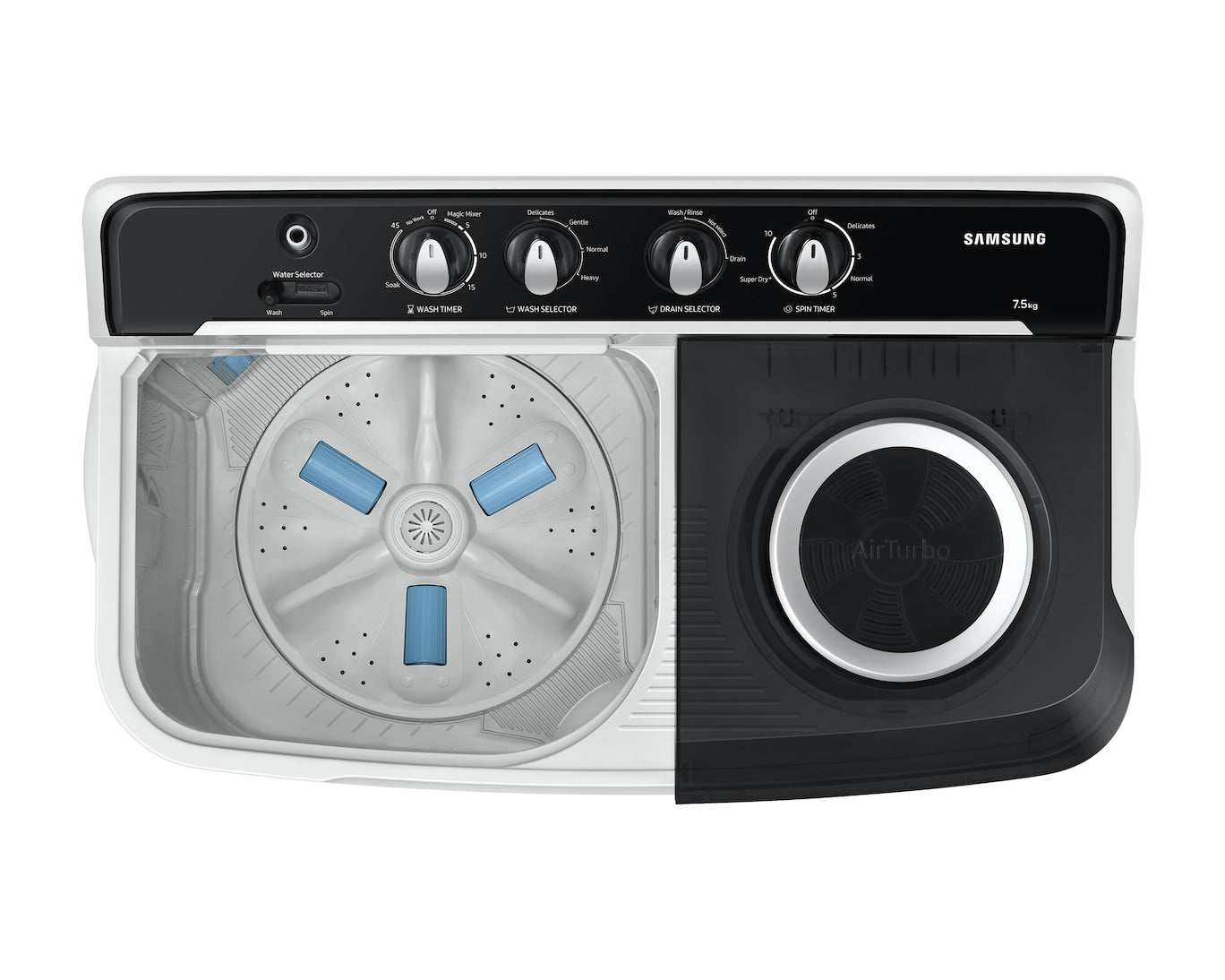 Samsung 9.0 kg 5-Star Semi-Automatic Top Load Washing Machine with Air Turbo Drying, Magic Filter, Caster Wheels for Easy Mobility, and 4 Versatile Wash Cycles including Soak and Heavy Wash Modes-(WT90C4260GG, Light Grey)