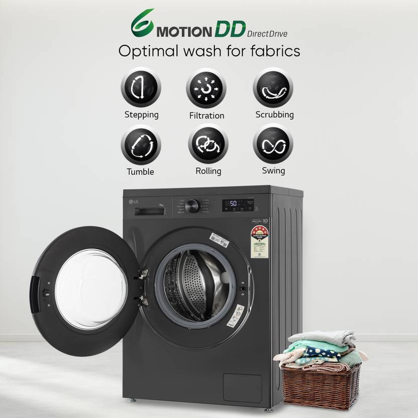 LG 8 kg 5 Star, Inverter Direct Drive Technology, 6 Motion DD, Steam Fully Automatic Front Load Washing Machine with In-built Heater Black, Grey  (FHB1208Z2M)