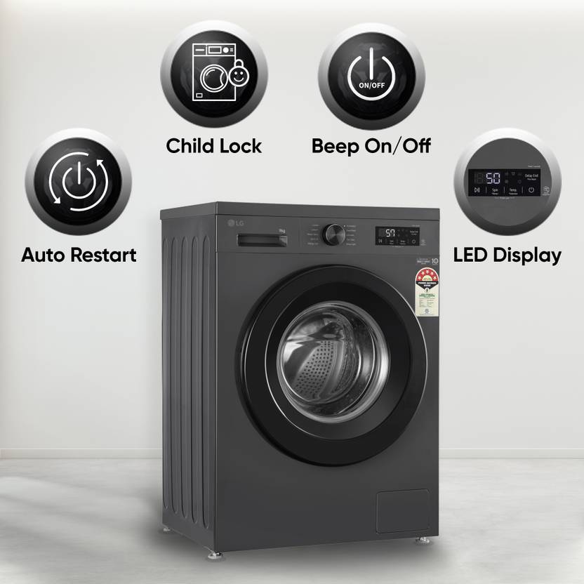 LG 8 kg 5 Star, Inverter Direct Drive Technology, 6 Motion DD, Steam Fully Automatic Front Load Washing Machine with In-built Heater Black, Grey  (FHB1208Z2M)