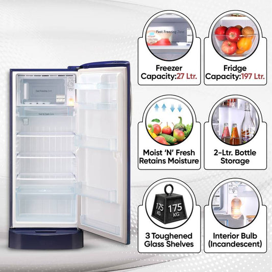 LG 224 L 5 Star Smart Inverter Direct-Cool Single Door Refrigerator (GL-D241ABWU, Blue Water Lily)