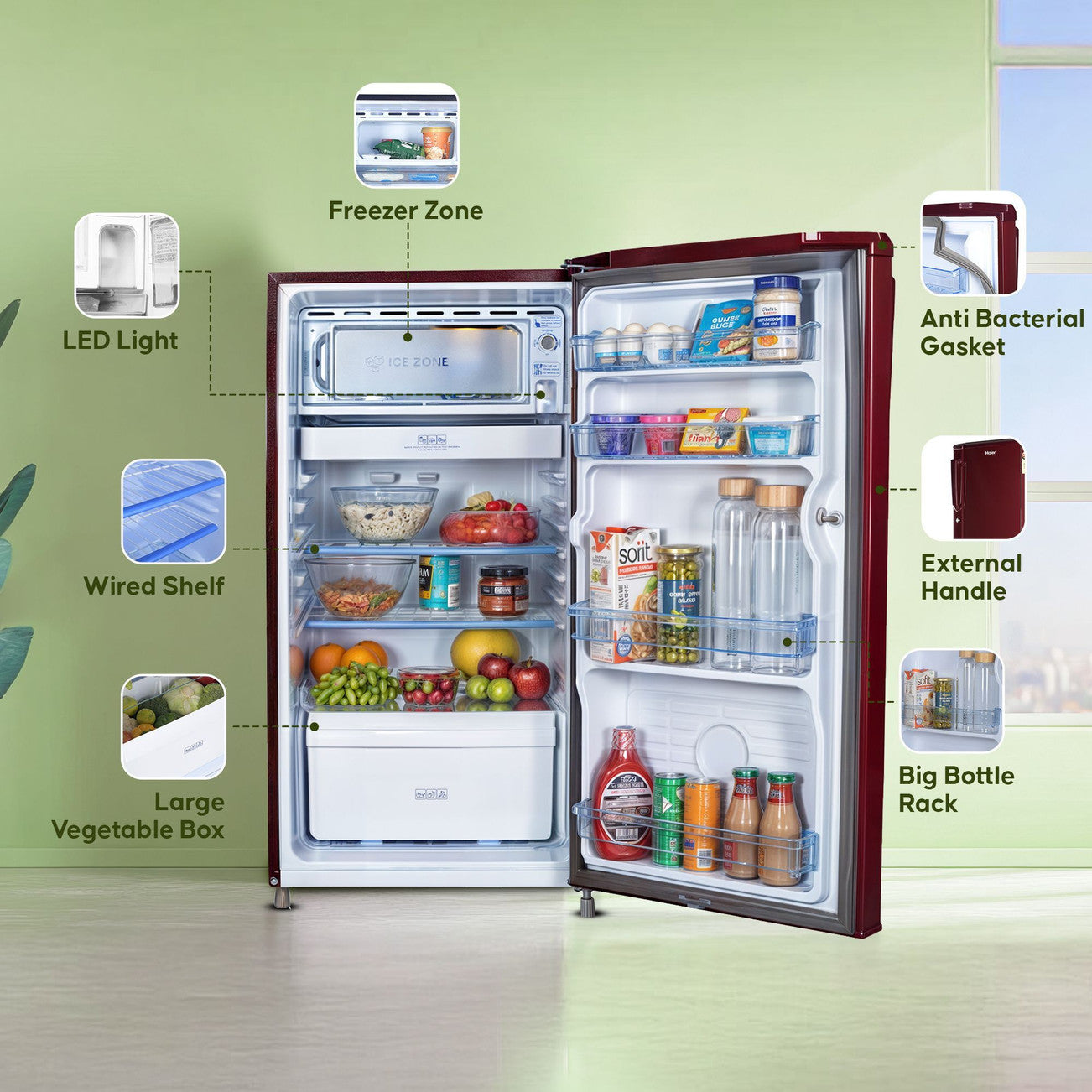 Haier 185L 1-Star Direct Cool Single Door Refrigerator (Marine Figo, Flower Pattern Door Finish, Toughened Glass Shelves, HRD-2051SMFA-P)